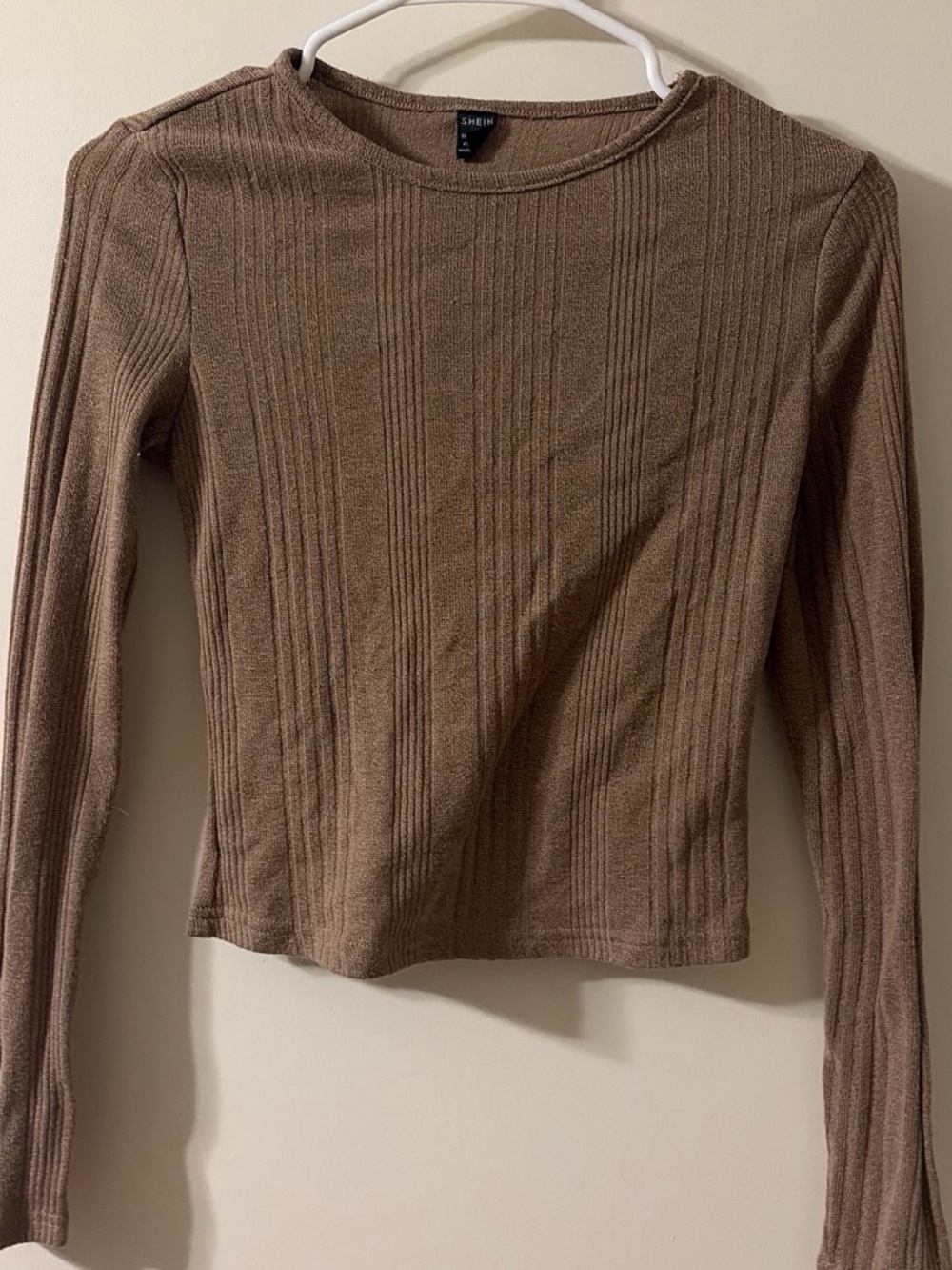 SHEIN Brown Ribbed Long Sleeve Crewneck Top